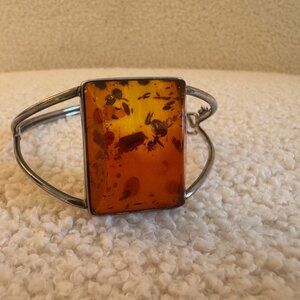 Sterling Silver and Baltic Amber Hinged Bangle Bracelet